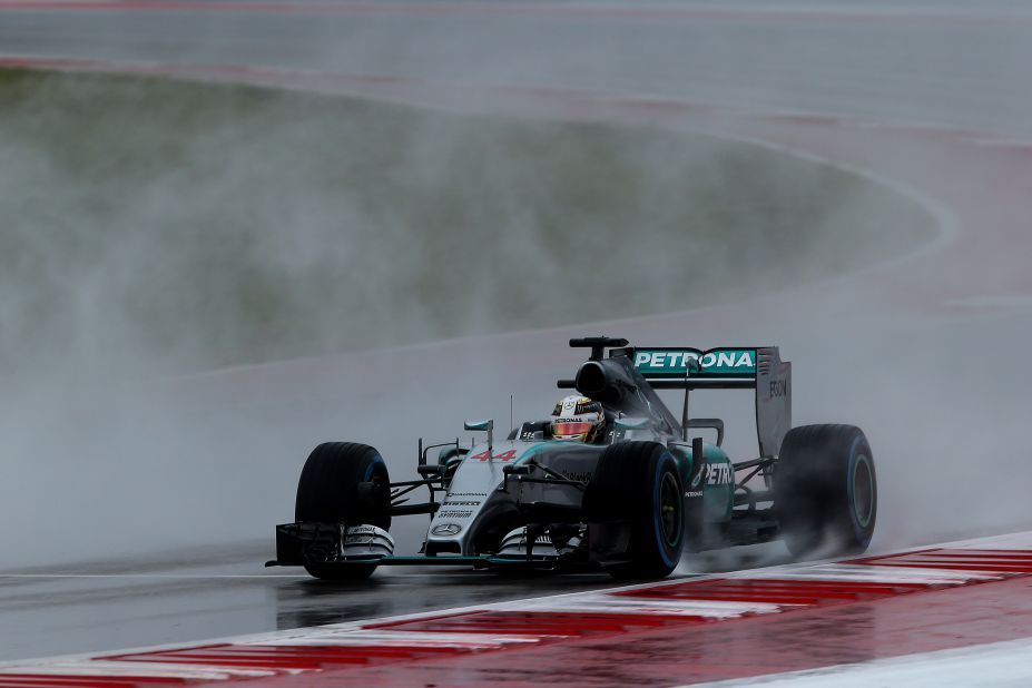 Hamilton braves the wet conditions at the Circuit of the Americas to post the fastest time in final practice for the U.S. Grand Prix.