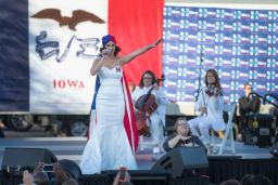 Singer Katy Perry rallies supporters of Democratic presidential candidate Hillary Clinton outside the Iowa Events Center before the start of the Jefferson-Jackson dinner on October 24, 2015 in Des Moines, Iowa.
