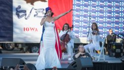 Singer Katy Perry rallies supporters of Democratic presidential candidate Hillary Clinton outside the Iowa Events Center before the start of the Jefferson-Jackson dinner on October 24, 2015 in Des Moines, Iowa.