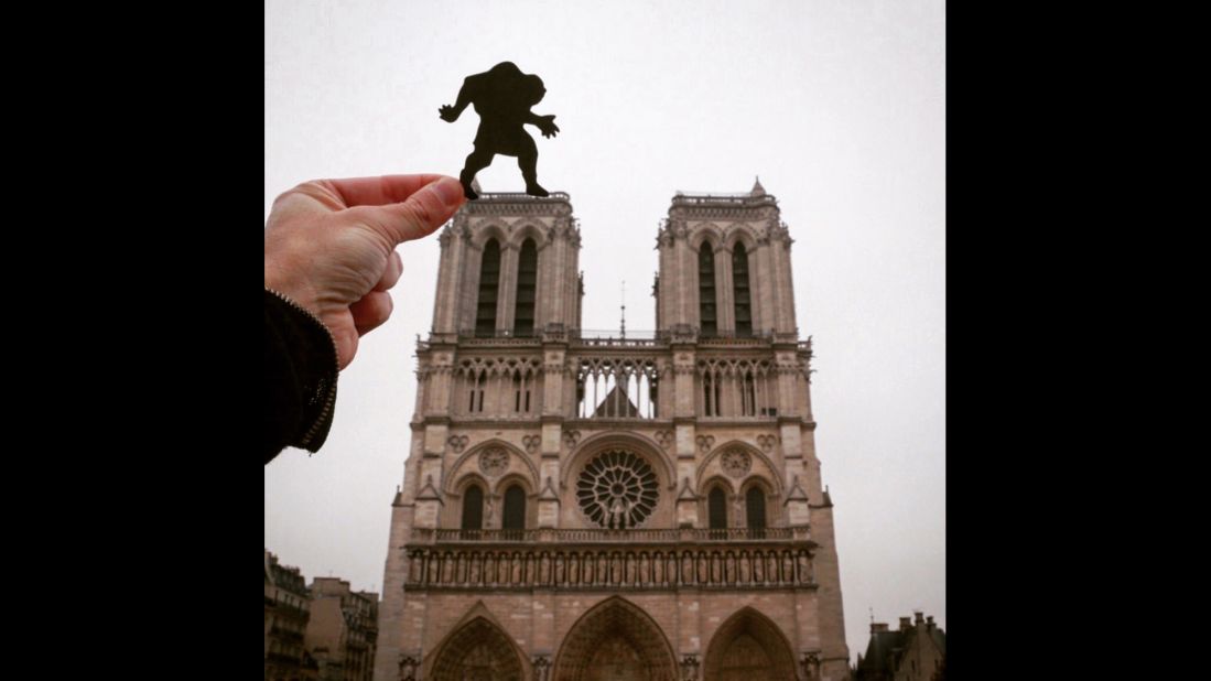 With the storied Hunchback at the Notre Dame Cathedral in Paris, McCor couldn't resist adding one icon to another.