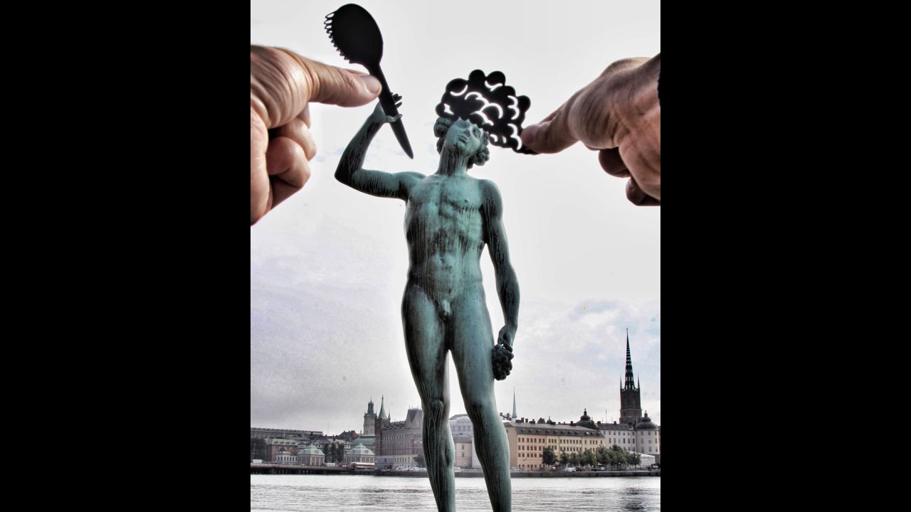 "Just beyond the courtyard from Stockholm's City Hall are two bronze sculptures 'Sangen' and 'Dansen' ('The Song' and 'The Dance')," says McCor. "I thought I'd add a bath brush and a head full of foam to make it 'The Shower Dansen.'"