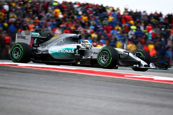 Hamilton drove his Mercedes to victory at the Circuit of the Americas in front of packed grandstands despite the poor weather.