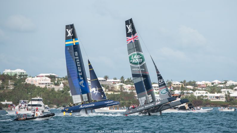 Artemis Racing and Land Rover BAR vie for first place. Artemis' weekend victory was made all the more incredible after recovering from a collision with an umpire boat at the start of Race 2.