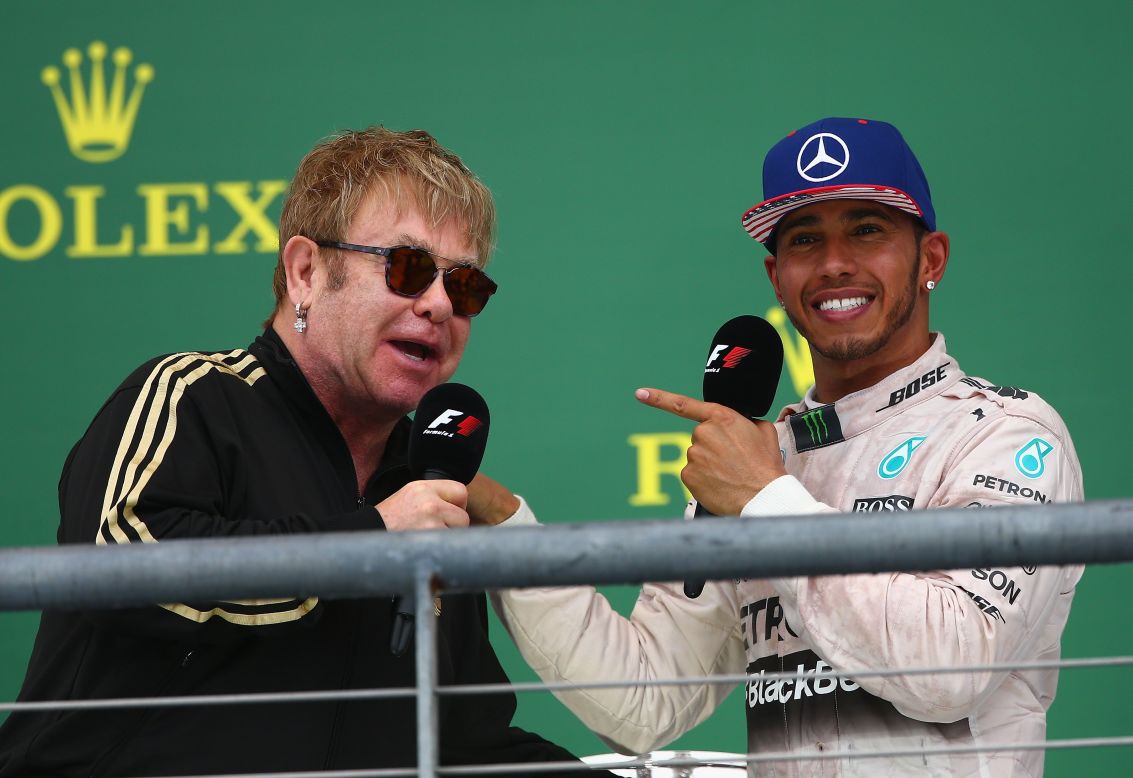 Hamilton was interviewed on the podium after the race by singer Sir Elton John.