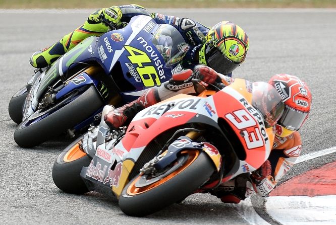 Valentino Rossi missed out on the 2015 title to Spaniard Jorge Lorenzo, and accused Marc Marquez of helping his compatriot to the crown. Here Rossi is pictured chasing Marquez during the MotoGP Malaysian Grand Prix.
