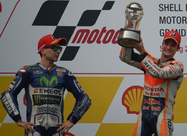 Jorge Lorenzo (left), who finished second in Malaysia behind Repsol Honda's resurgent Dani Pedrosa, is now just seven points behind Rossi in the world championship. Rossi is seeking a 10th title.