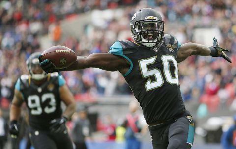 Telvin Smith of the Jacksonville Jaguars scores a touchdown on an interception against the Buffalo Bills at Wembley Stadium in London on Sunday, October 25.  