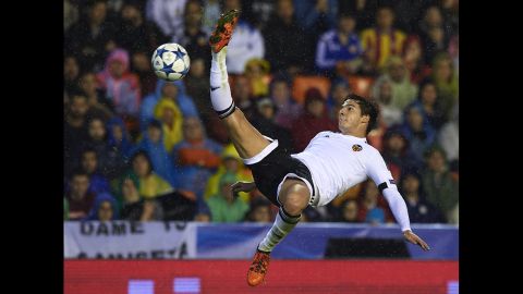 Santi Mina of Valencia in action against KAA Gent at the Estadi de Mestalla in Valencia, Spain, on Tuesday, October 20. 