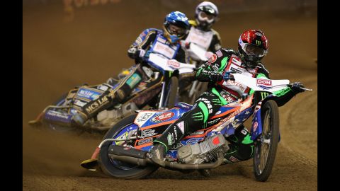 American Greg Hancock is among competitors during the 2015 FIM Speedway Grand Prix at Etihad Stadium on Saturday, October 24, in Melbourne, Australia. 