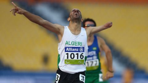 Samir Nouioua of Algeria wins the men's 1500 meter T46 final on day one of the IPC Athletics World Championships at Suhaim Bin Hamad Stadium on Thursday, October 22, in Doha, Qatar.  