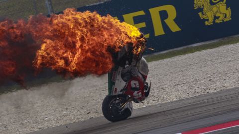 The LCR Honda bike of Australian rider Jack Miller bursts into flames at Sepang Circuit on Saturday, October 24, in Kuala Lumpur, Malaysia. 