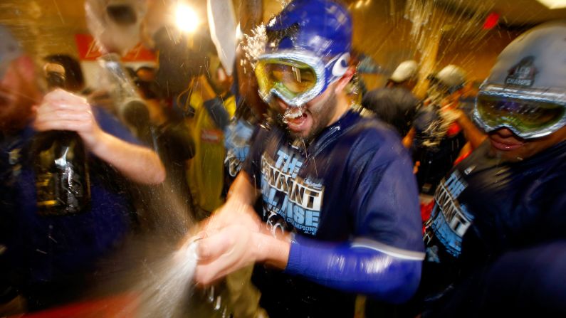 Eric Hosmer of the Kansas City Royals celebrates in the locker room after their victory against the Toronto Blue Jays in Game 6 of the 2015 MLB American League Championship Series on Friday, October 23, in Kansas City, Missouri.  <a href="index.php?page=&url=http%3A%2F%2Fedition.cnn.com%2F2015%2F10%2F24%2Fsport%2Fworld-series-kansas-city-royals%2F" target="_blank">The Royals meets the New York Mets in the World Series</a> starting Tuesday, October 27.