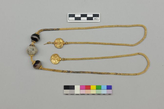 This 30-inch necklace, with two gold pendants decorated with ivy leaves, was found near the neck of the warrior-king's skeleton. "Nothing like this has ever been found," said Jack Davis, co-leader of the University of Cincinnati team which discovered the site.