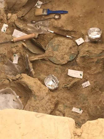 A bronze mirror with an ivory handle. Greece's general secretary of the Ministry of Culture Maria Vlazaki said it was "extremely rare for an unlooted tomb of such great significance to be unearthed."
