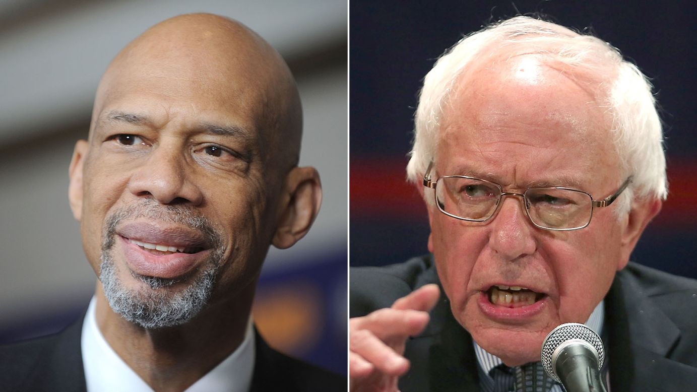 NBA Hall-Of-Famer Kareem Abdul-Jabber penned a scathing editorial against Trump in The Washington Post, while endorsing Bernie Sanders (right). 