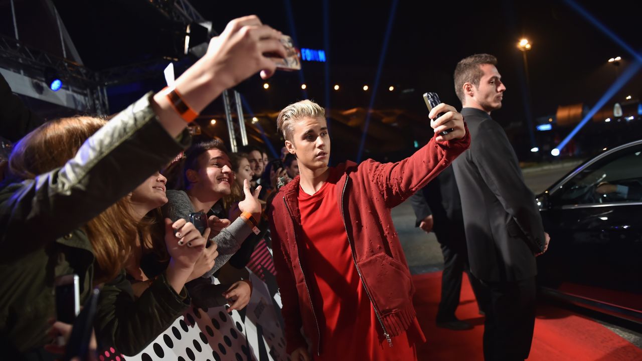Justin Bieber takes a selfie at the MTV Europe Music Awards in Milan on Sunday, October 25.