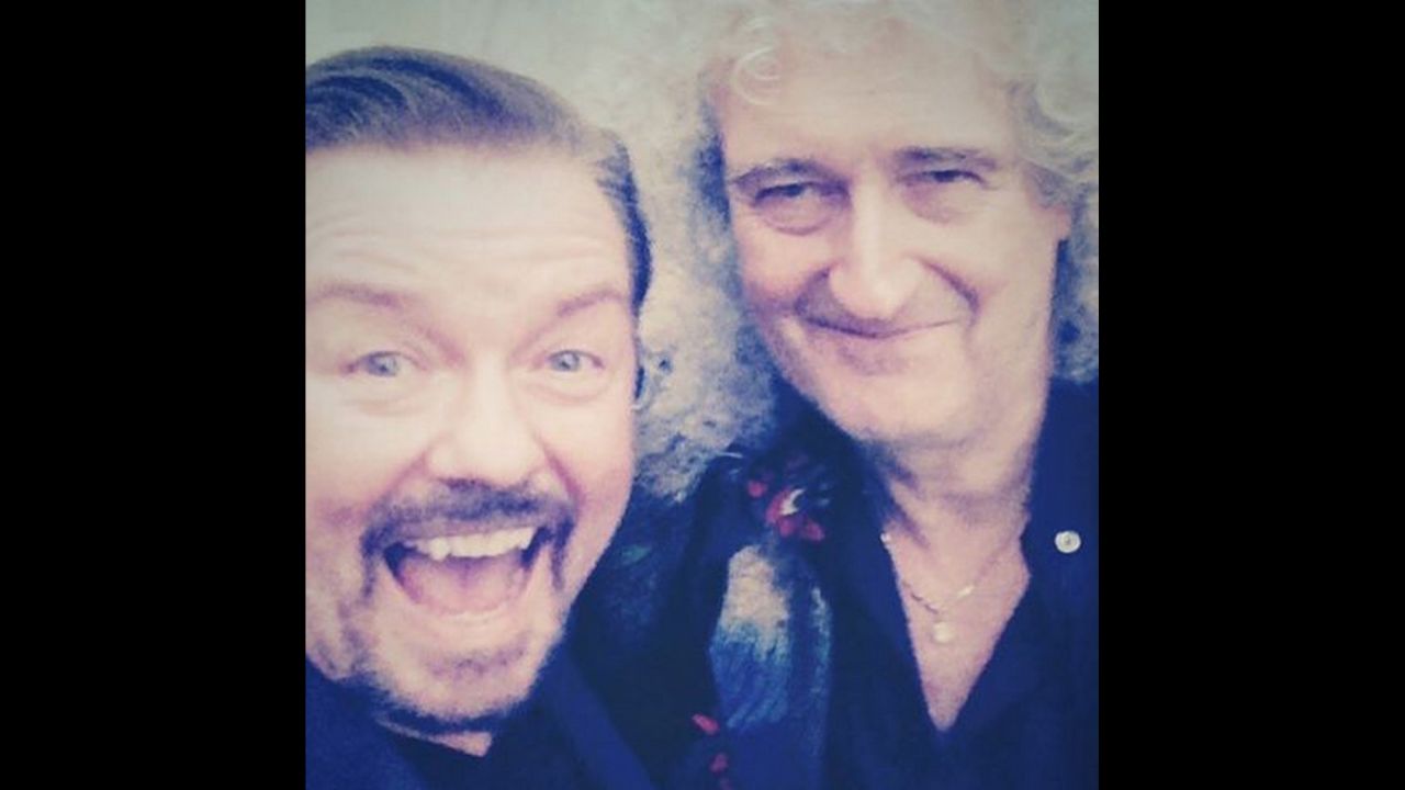 Comedian Ricky Gervais shared this selfie with Queen guitarist Brian May from the 2015 Animal Hero Awards on Wednesday, October 21. Gervais said it was an "absolute thrill to be presented with my animal hero award by the mighty Brian May."