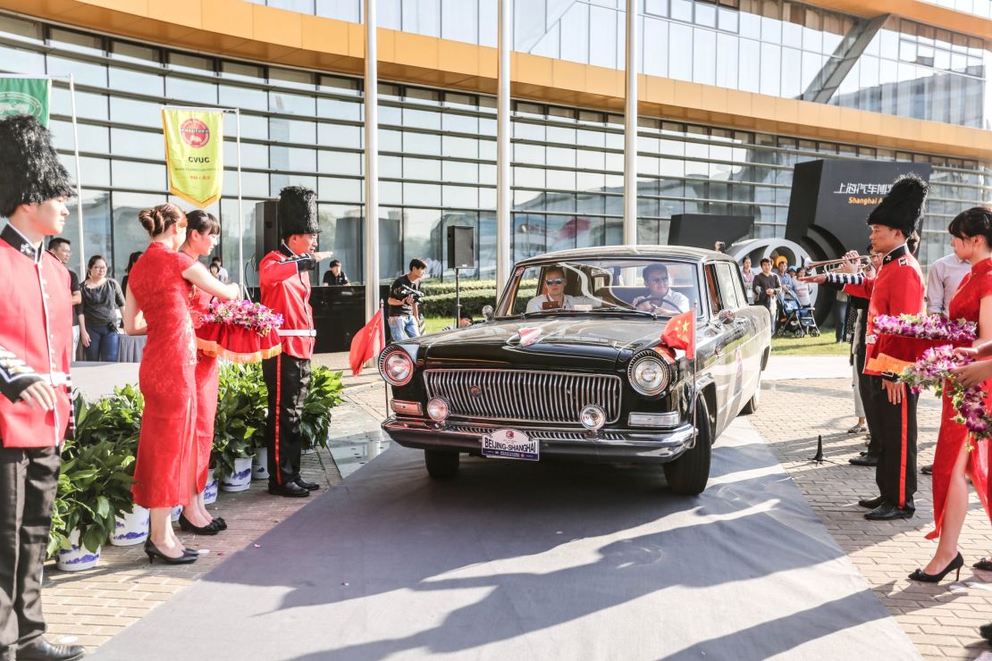 A Chinese luxury Hongqi car crosses the finish line. 