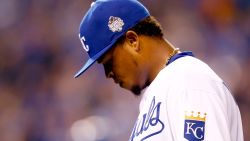 KANSAS CITY, MO - OCTOBER 27:  Edinson Volquez #36 of the Kansas City Royals reacts in the fifth inning against the New York Mets during Game One of the 2015 World Series at Kauffman Stadium on October 27, 2015 in Kansas City, Missouri.  (Photo by Jamie Squire/Getty Images)