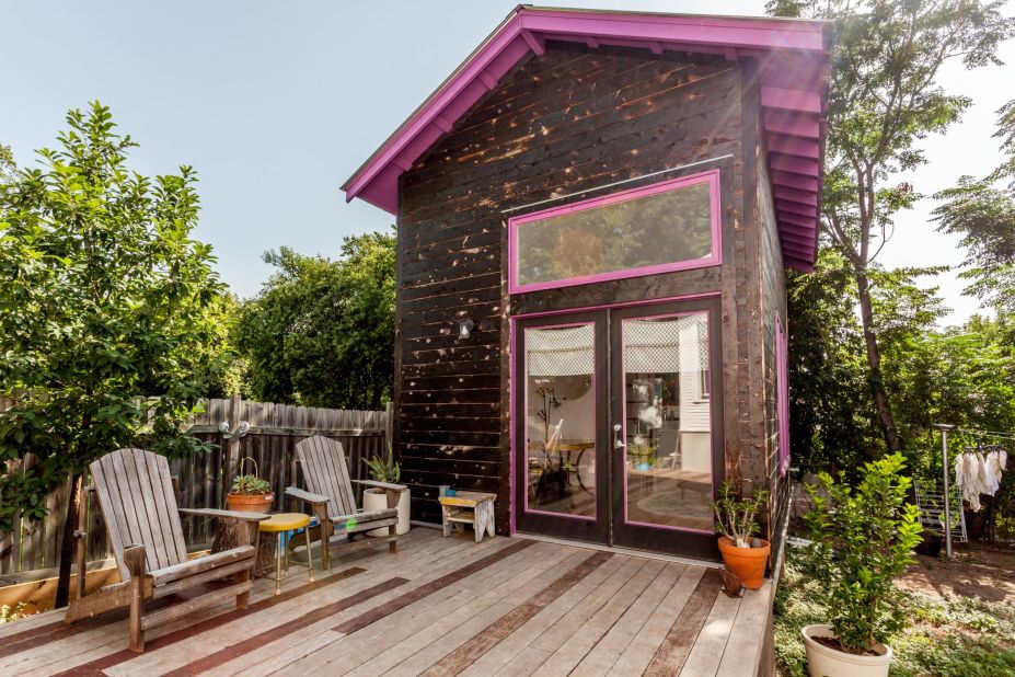 Outside, guests can lounge on the spacious patio. The house is in East Austin, two blocks from a light rail station.