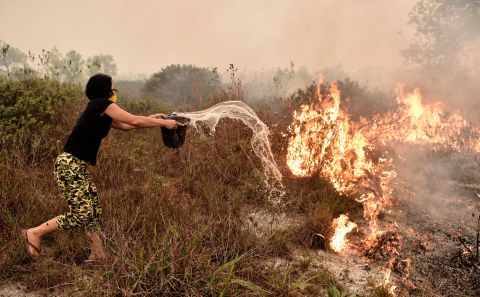 A villager tries to extinguish a peatland fire on the outskirts of Palangkaraya on October 26.