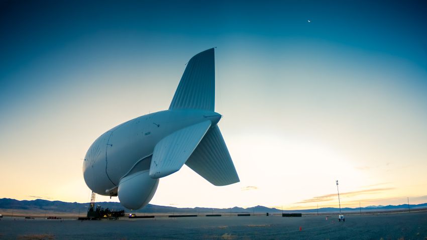 A Joint Land Attack Cruise Missile Defense Elevated Netted Sensor System (JLENS) surveillance system aerostat detached from its mooring station in Aberdeen Proving Grounds, Maryland.