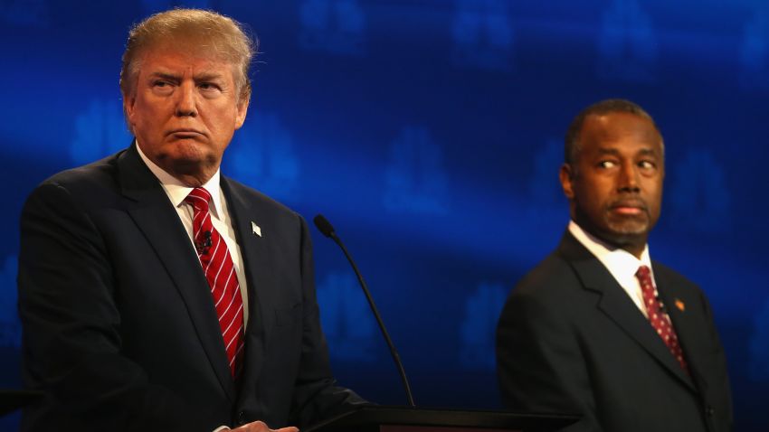 Donald Trump and Ben Carson look on during the CNBC Republican Presidential Debate on October 28, 2015, in Boulder, Colorado.