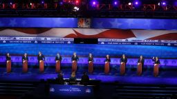 Republican presidential candidates, from left, John Kasich, Mike Huckabee, Jeb Bush, Marco Rubio, Donald Trump, Ben Carson, Carly Fiorina, Ted Cruz, Chris Christie, and Rand Paul appear during the CNBC Republican presidential debate at the University of Colorado, Wednesday, Oct. 28, 2015, in Boulder, Colo. (AP Photo/Brennan Linsley)