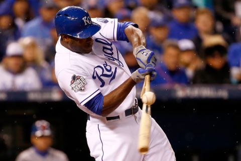 Lorenzo Cain of the Royals breaks his bat in the fourth inning.