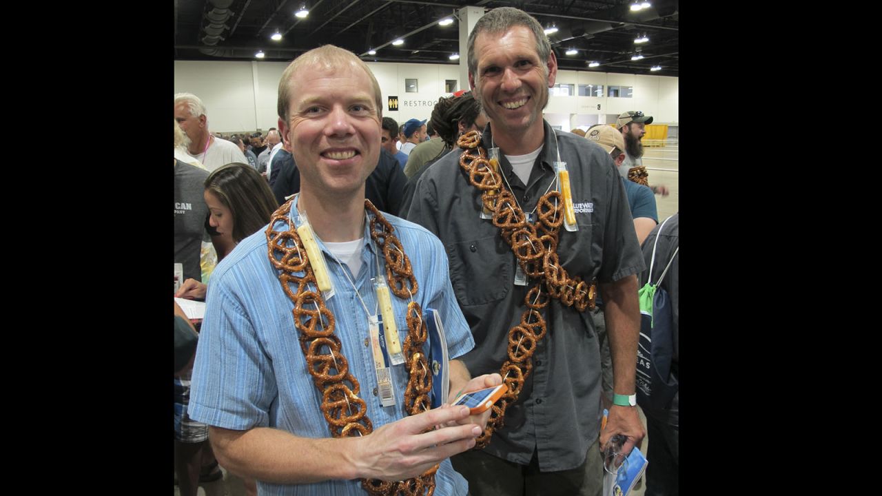 Scott Beam and Chad Edwards, both from Denver, adorned themselves in what many call the most important of all beer festival accessories. Beam and Edwards' necklaces included various types of string cheese, though they reported that the cheese got a bit soft and melty before the festival began.