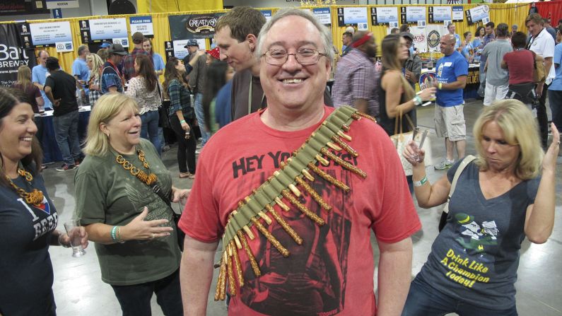 Home-made pretzel necklaces are a festival tradition. Ron Billinger of Highlands Ranch, Colorado, shows off his bandolier-style pretzel necklace. Billinger says the bandolier is easy to assemble and the pretzel rods are easy to deploy.