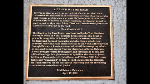 The marker for the bench monument in Middletown, Delaware, details Burris' actions and that of a white abolitionist.