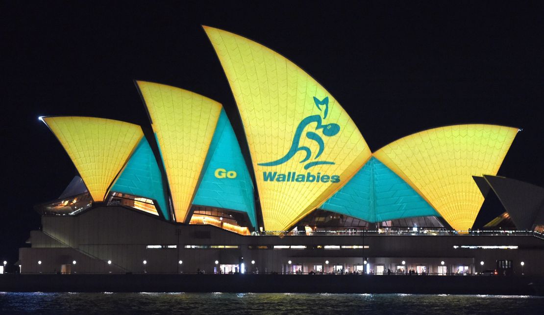 The Sydney Opera House is lit up in Australian colors to support the Wallabies ahead of their World Cup final clash with New Zealand.