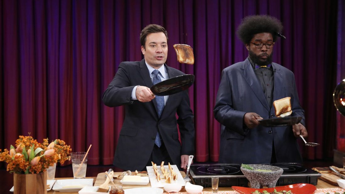 For comfort food on a cold day, it's hard to beat a toasty grilled cheese sandwich and a bowl of tomato soup. Here Jimmy Fallon and bandleader Questlove try their hand at flipping the sandwiches on a 2013 episode of "Late Night with Jimmy Fallon."
