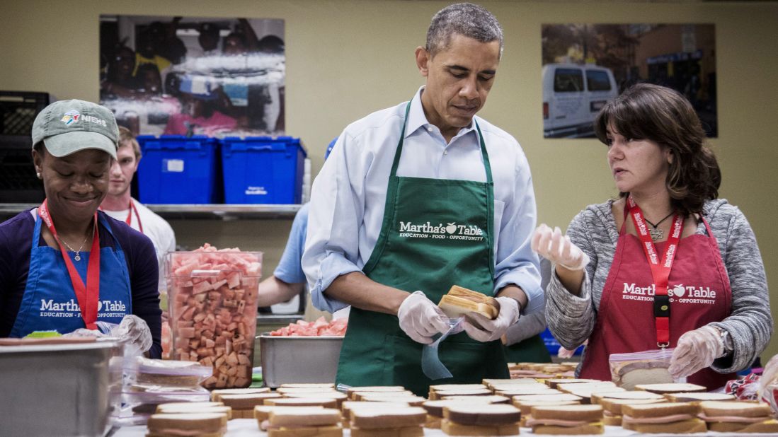 The basic ham sandwich was named the second-most popular sandwich in the country  in a 2014 survey. Here President Barack Obama helps volunteers bag ham-and-cheese sandwiches at a Martha's Table kitchen in October 2013 in Washington, D.C. 