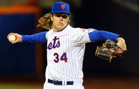 New York Mets Noah Syndergaard pitches in the first inning against the Kansas City Royals during Game Three of the 2015 World Series at Citi Field on October 30 in New York.