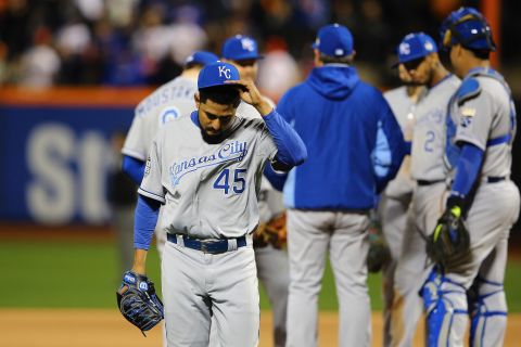 Royals relief pitcher Franklin Morales gets pulled from the game.
