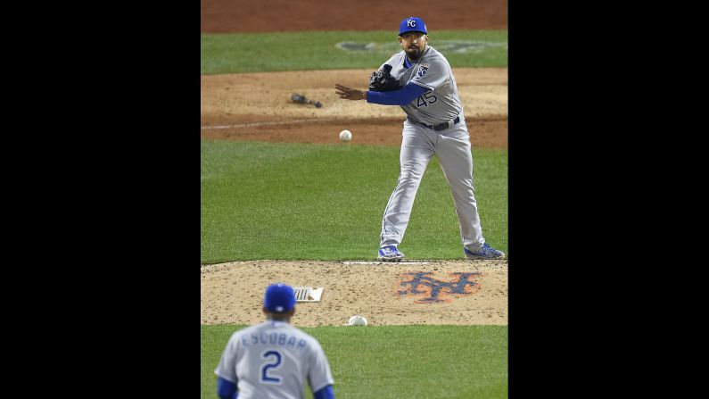 Franklin Morales couldn't decide where to throw on a bases-loaded grounder back to the mound. He then made an errant throw to shortstop Alcides Escobar.