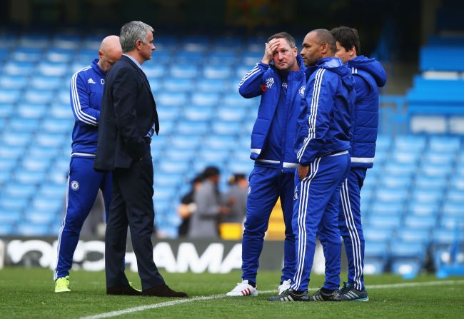Mourinho and his coaching staff held a post match inquest on the pitch after a sixth defeat of the EPL season for Chelsea.