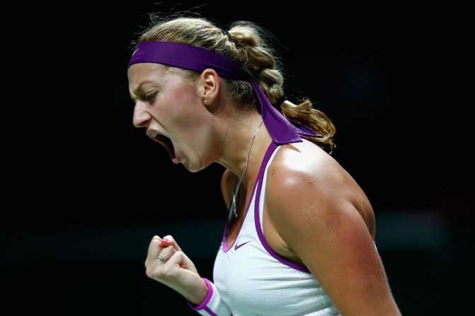 Kvitova of Czech Republic reacts to a point against Maria Sharapova in the way to a surprise victory over the Russian in the WTA Finals. 