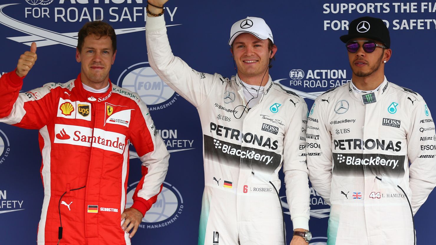 Nico Rosberg celebrates pole position in Mexico ahead of Mercedes teammate Lewis Hamilton and Ferrari's Sebastian Vettel. 