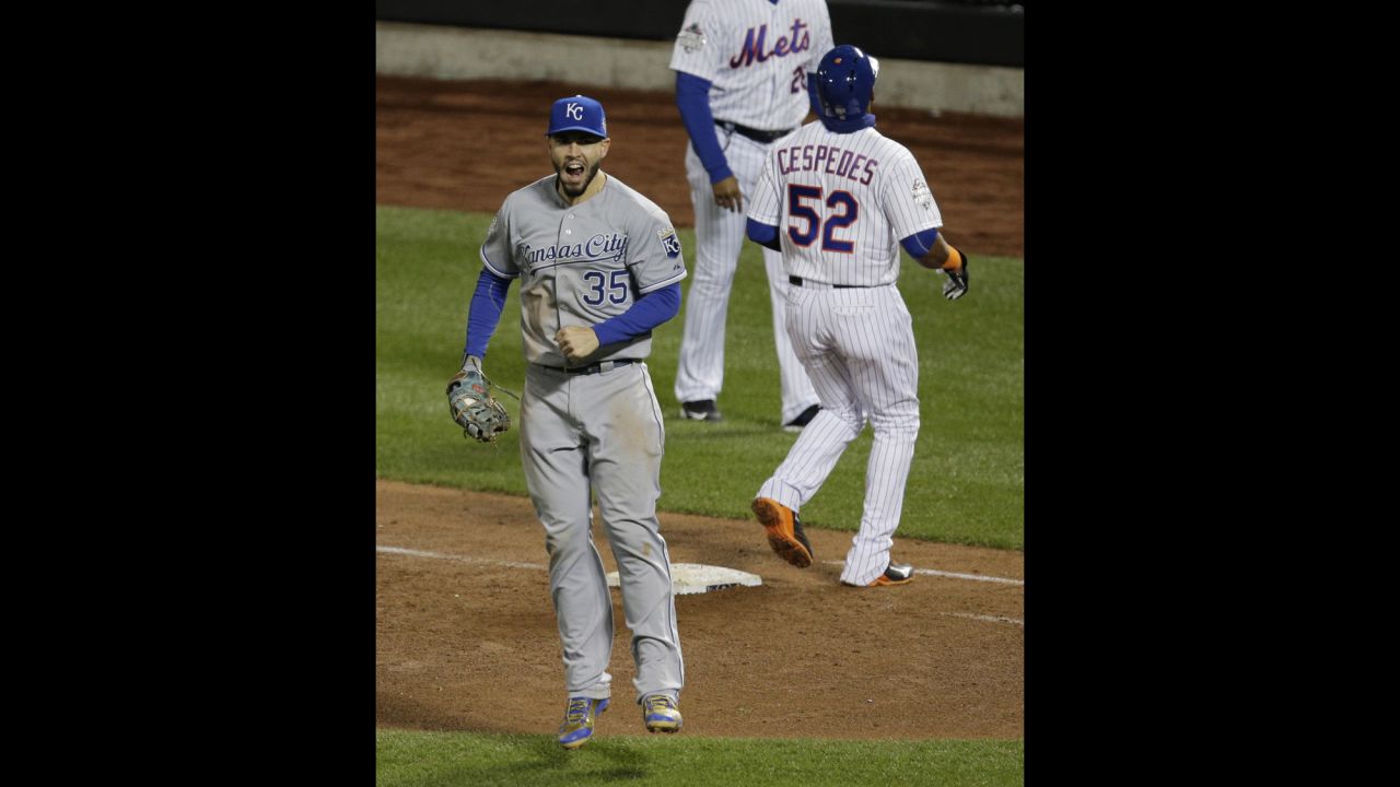 Royals first baseman Eric Hosmer celebrates after a double play ended the ninth inning of Game 4.
