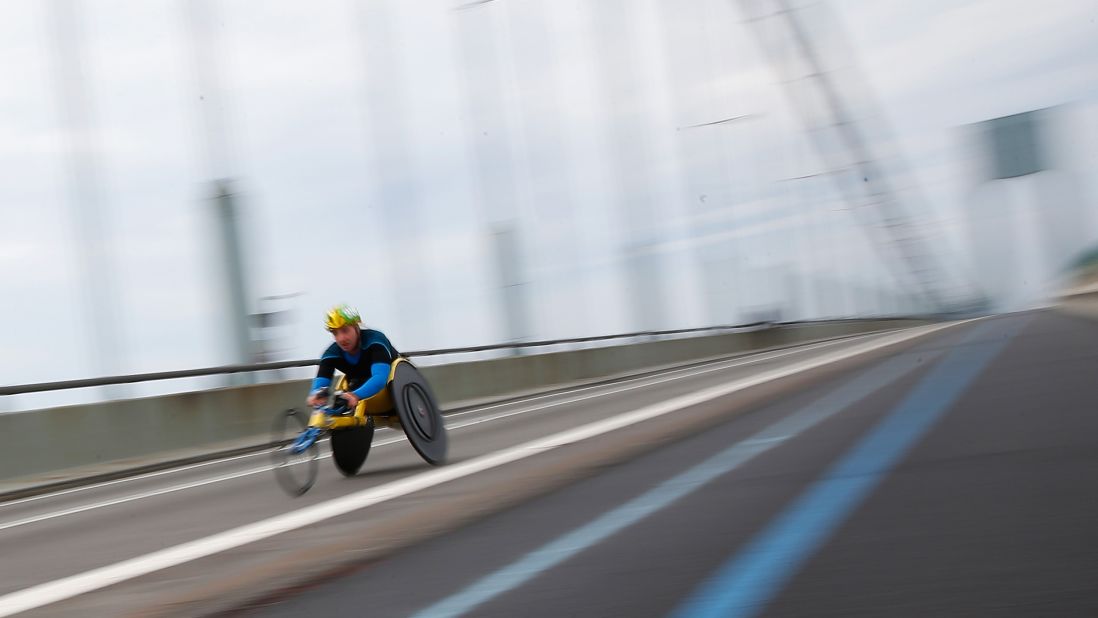 An athlete in the Wheelchair Division crosses the Verrazano-Narrows Bridge. 