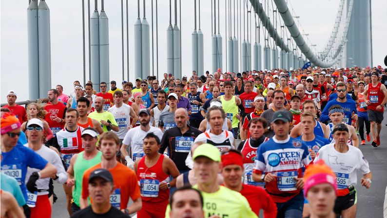 Runners cross the Verrazano-Narrows Bridge.