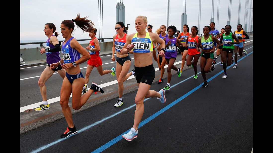 The Pro Women's Division of runners crosses the Verrazano-Narrows Bridge at the start of the marathon.