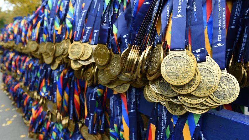 Medals are ready for finishers at the finish line.