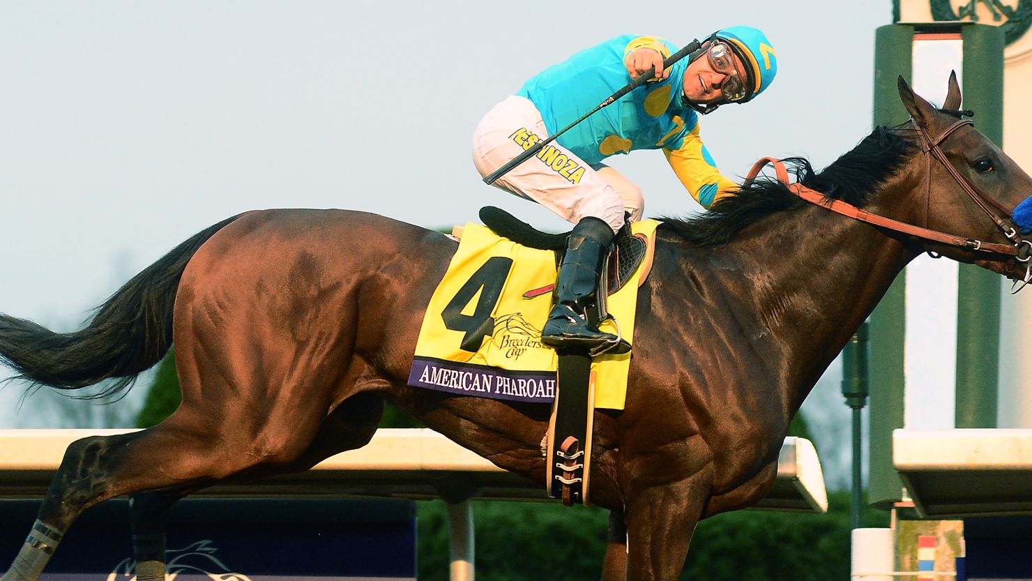 American Pharoah, ridden by Victor Espinoza, wins the Breeders' Cup Classic to cap his superb career.