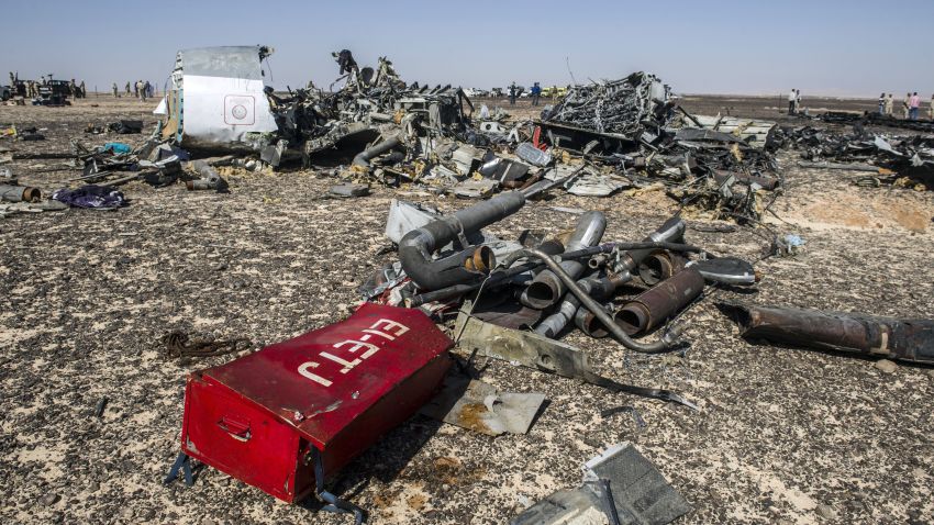 Debris belonging to the A321 Russian airliner are seen at the site of the crash in Wadi al-Zolomat, a mountainous area in Egypt's Sinai Peninsula on November 1.