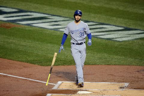 Kansas City Royals Eric Hosmer reacts after striking out in the first inning.