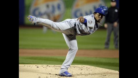 Kansas City Royals starting pitcher Edinson Volquez throws against the New York Mets during the first inning.